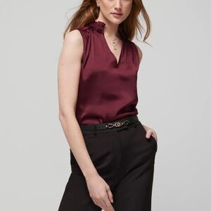 White House Black Market Red Ruched Ruffled Blouse NWOT